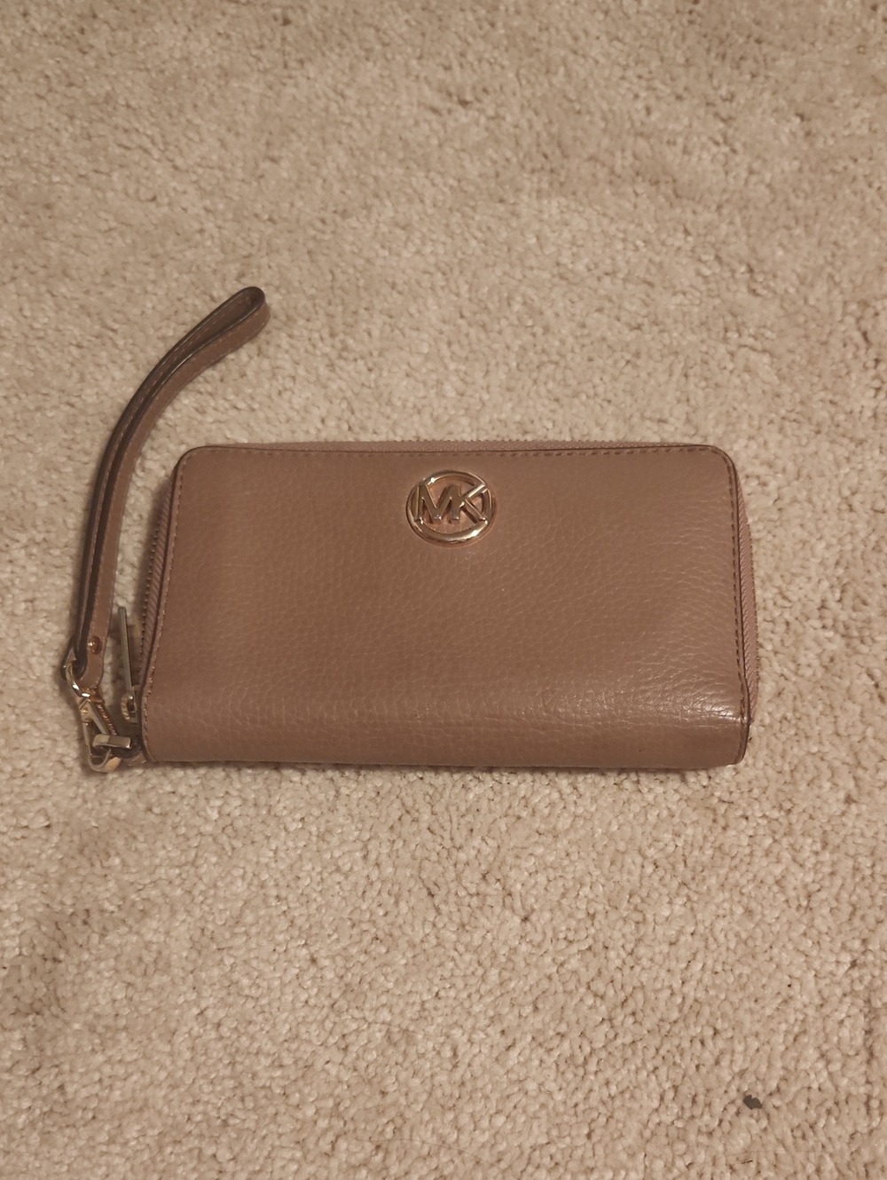 Michael Kors Taupe Pebbled Leather Wristlet with Gold Logo
